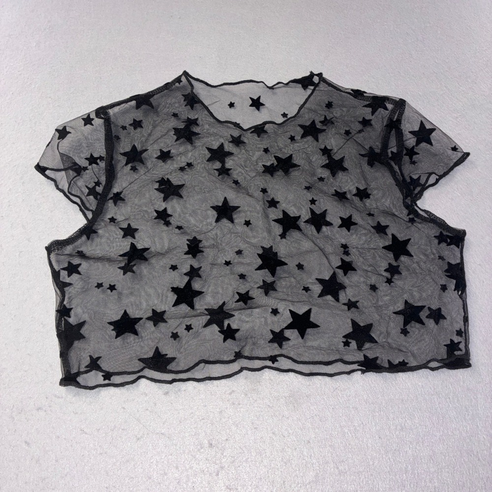 303 Mesh Crop Top M Black Star Print Sheer Lettuce Trim